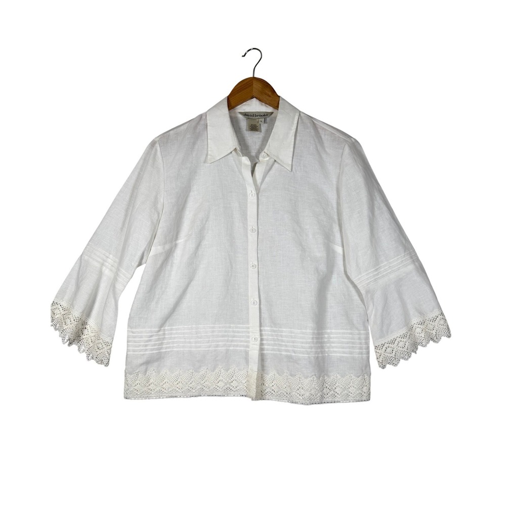 David Brooks Linen Blend Blouse Large White Crochet Lace Trim Button Up